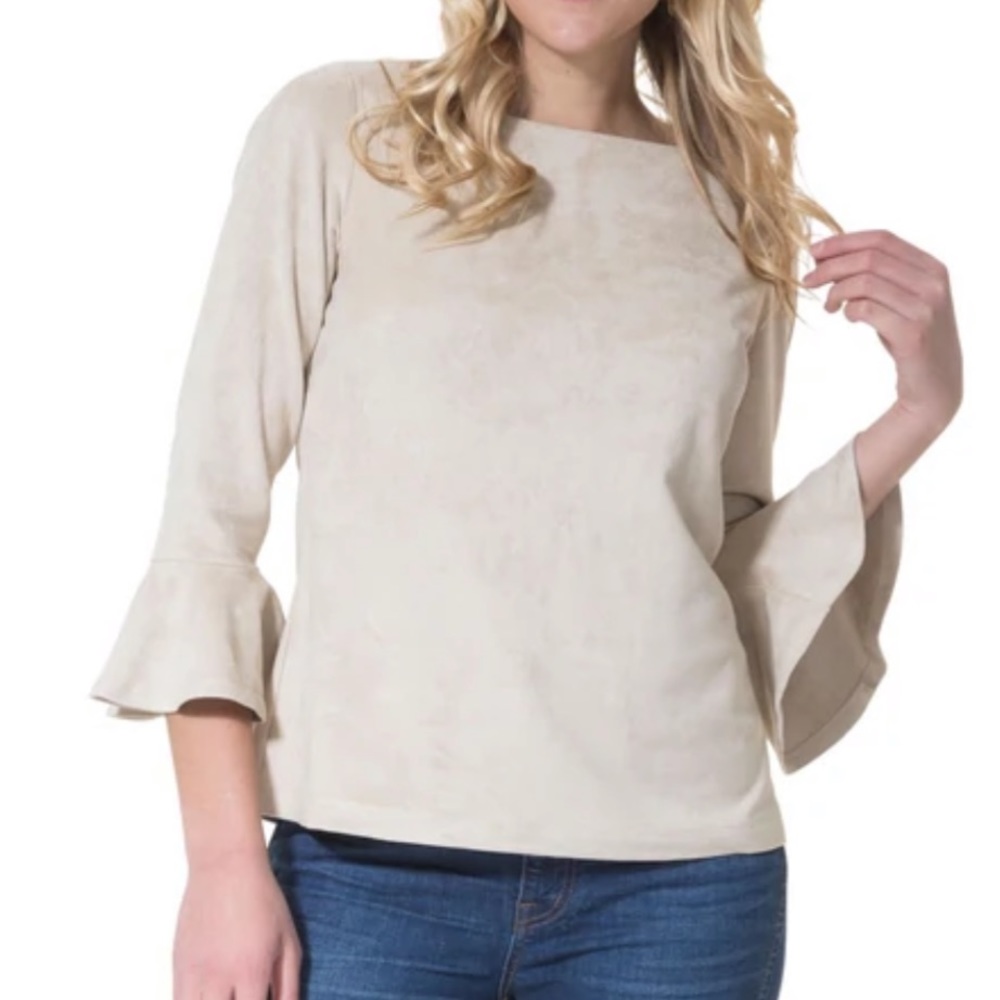 Sail to Sable FAUX SUEDE BELL SLEEVE TOP SMALL Tan Taupe